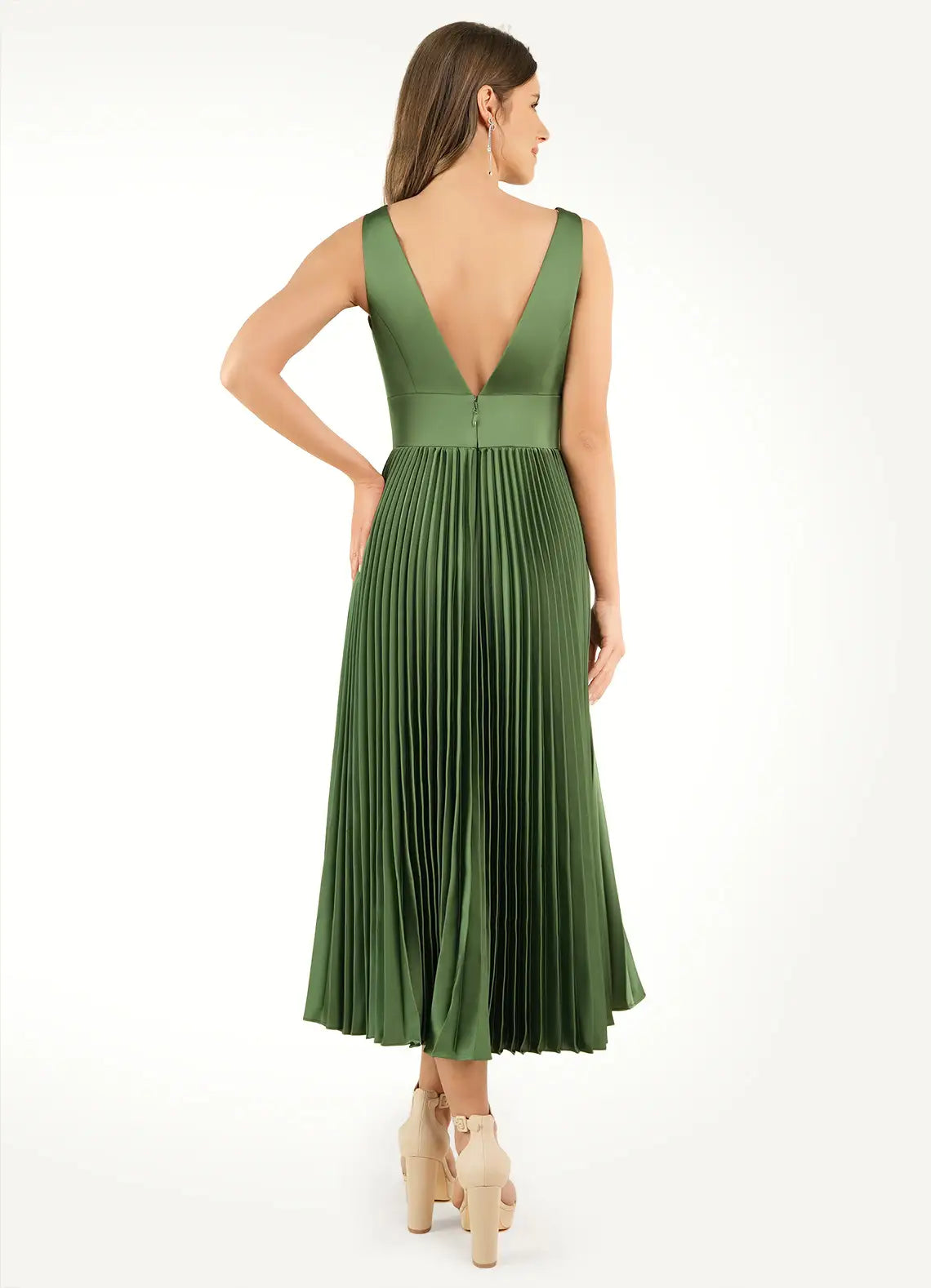 Robe Weitese à col en V profond, robe longue chic olive, sans manches, princesse, longueur thé, plissée, ligne A, robe de bal